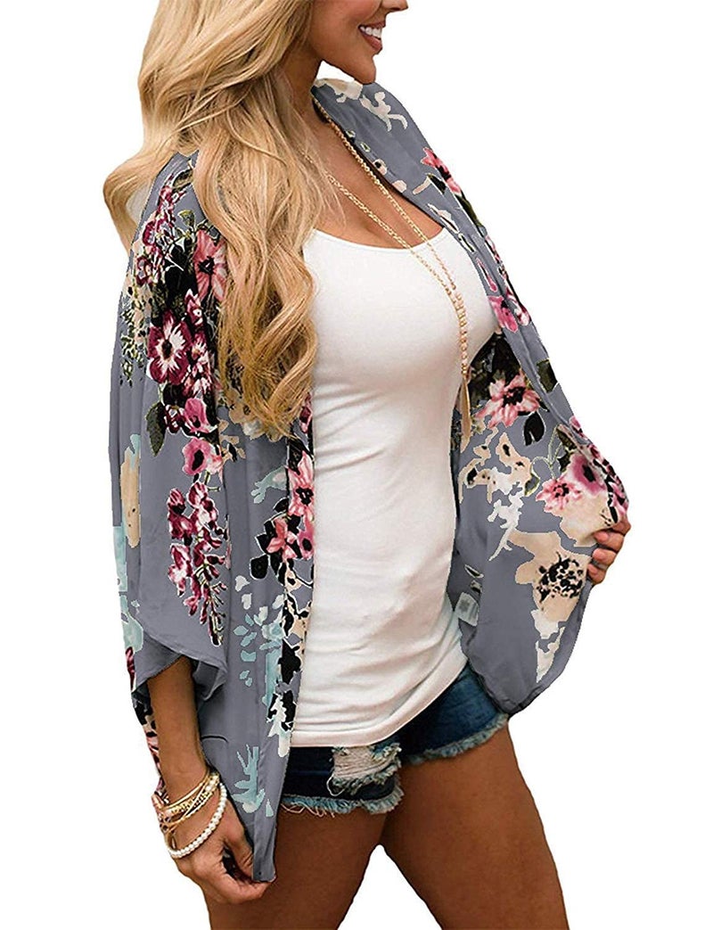 Chunoy Women Casual Summer Chiffon Kimono Cardigan Short Sleeve Beach Wear Cover Up Open Blouse Top Grey Small - Image 3